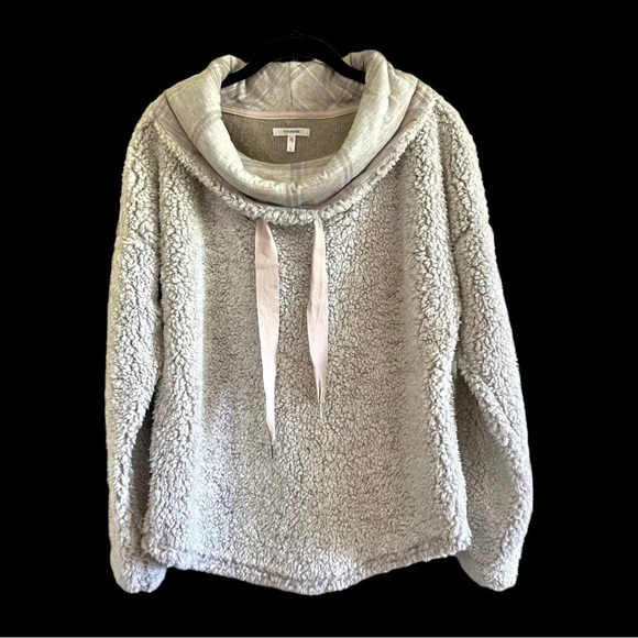MAURICES, COWL NECK, SHERPA PULLOVER. LIGHT GREY WITH PLAID COWL. SIZE L - Picture 2 of 8